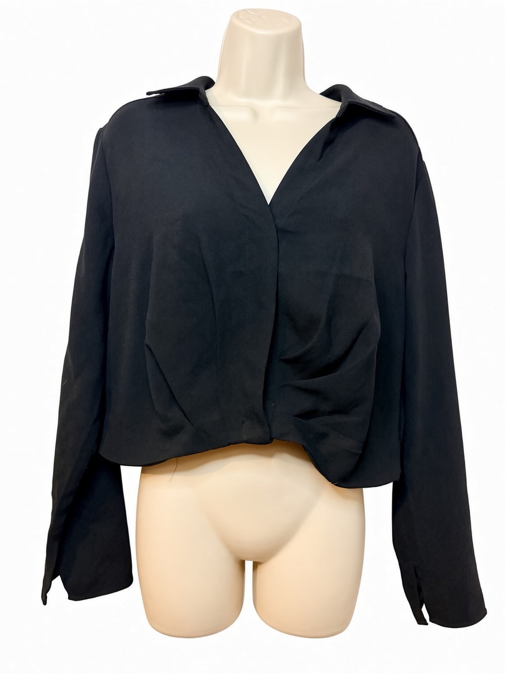 Maison d’Amelie Paris Black Cropped Wrap Blouse L Collar Long Sleeve Elastic Hem